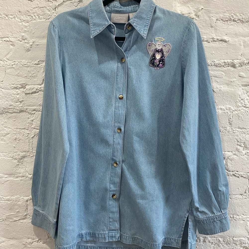 Vintage Denim Angel Embroidered Button Down